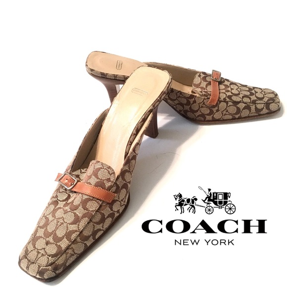 Coach Shoes - COACH Greta Mule Leather Signature Fabric Heel